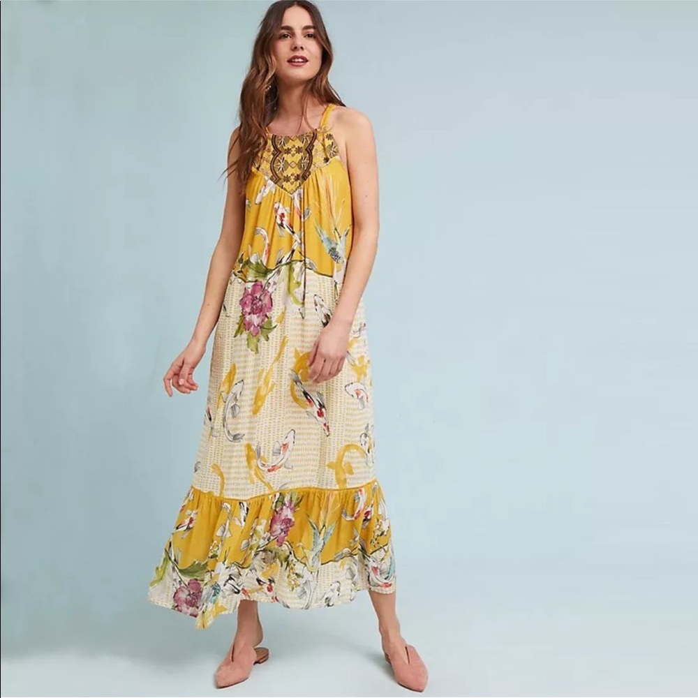 ANTHROPOLOGIE Paradiso Koi Fish Halter Maxi Dress